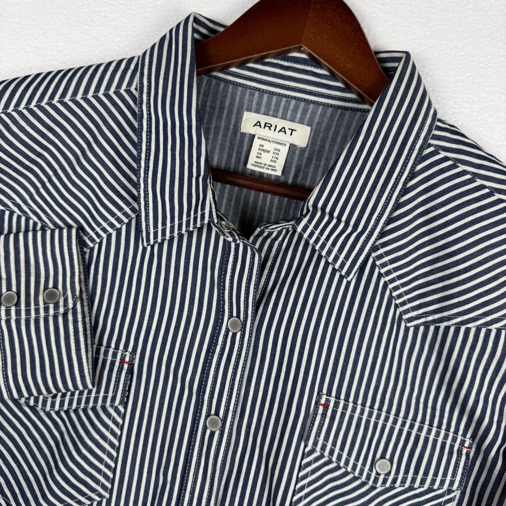 Ariat Railroad Stripe Snap LS Shirt Womens XXL Blue White Western 10052967